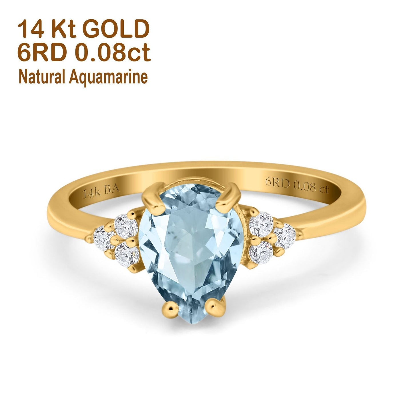 14K Yellow Gold 1.33ct Teardrop Pear 8mmx6mm G SI Natural Aquamarine Diamond Engagement Wedding Ring Size 6.5