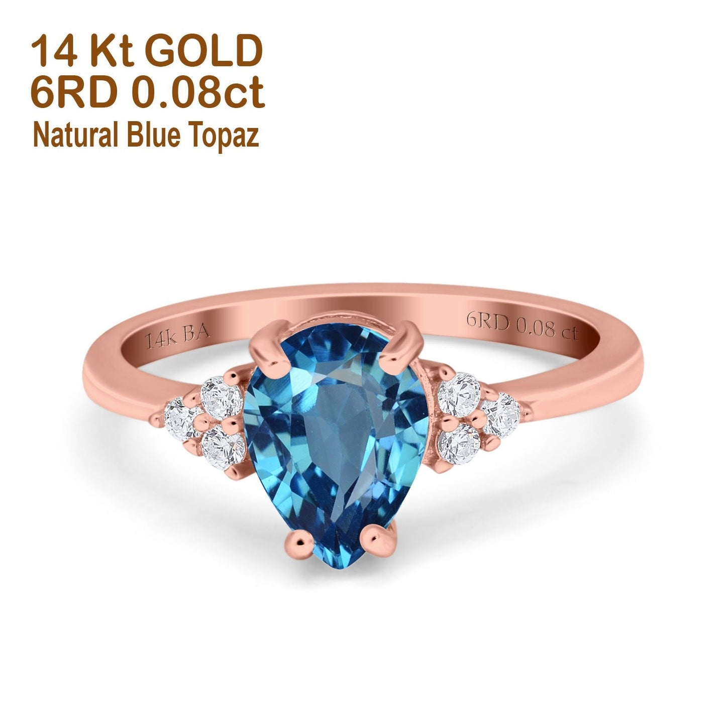 14K Rose Gold 1.33ct Teardrop Pear 8mmx6mm G SI Natural Blue Topaz Diamond Engagement Wedding Ring Size 6.5