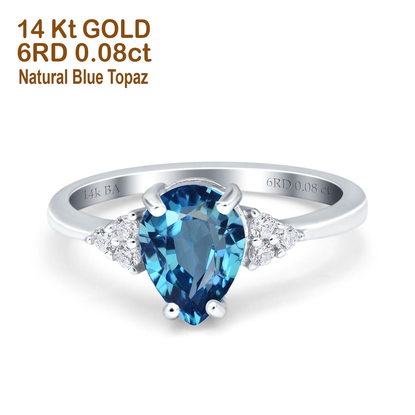 Bague de fiançailles en or blanc 14 carats avec topaze bleue naturelle en forme de poire en forme de larme de 1,33 ct, 8 mm x 6 mm, taille G SI, taille 6,5