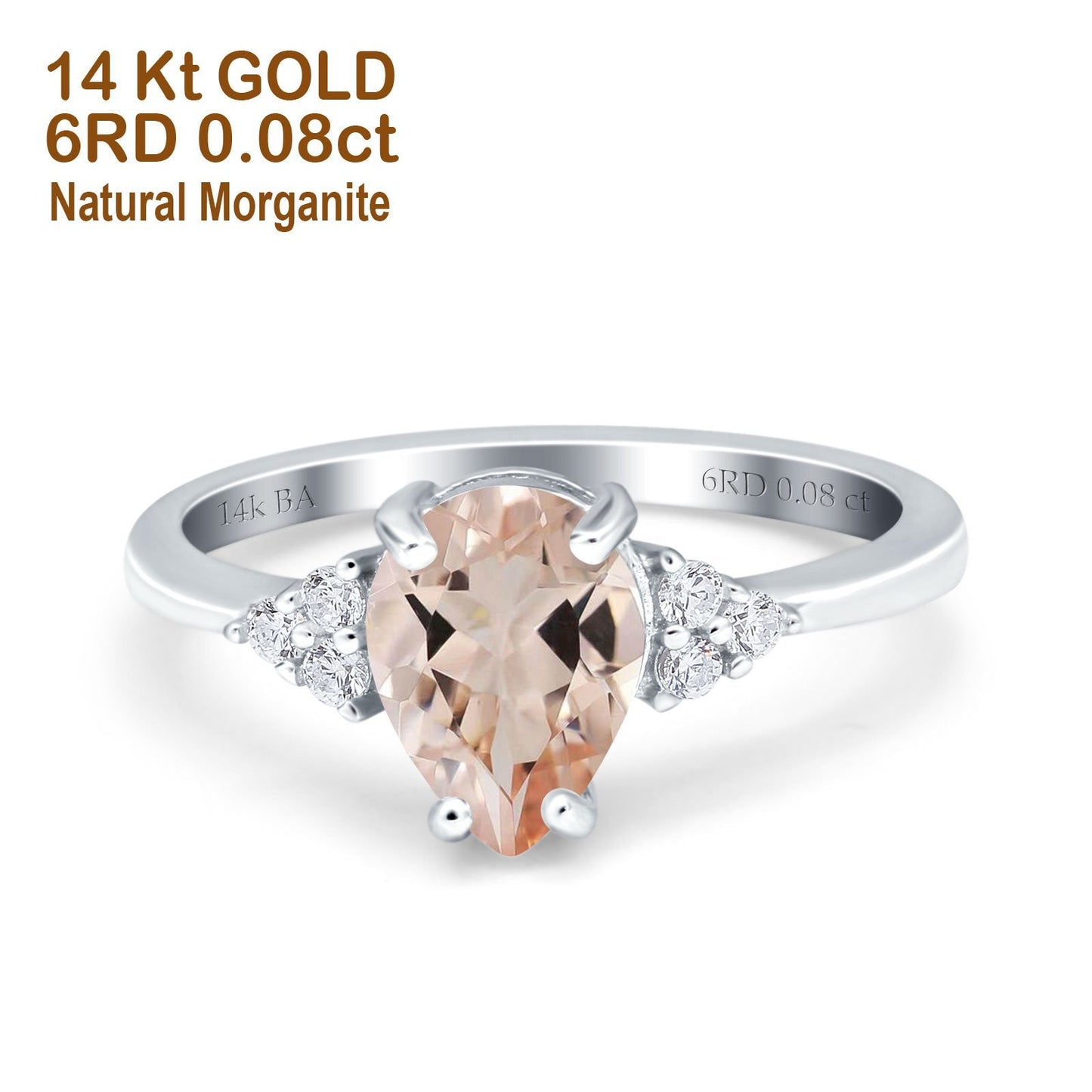 Bague de fiançailles en or blanc 14 carats, 1,33 ct, forme poire en forme de larme, 8 mm x 6 mm, G SI, diamant morganite naturel, taille 6,5