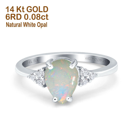 14K White Gold 0.08ct Teardrop Pear 8mmx6mm G SI Natural White Opal Diamond Engagement Wedding Ring Size 6.5