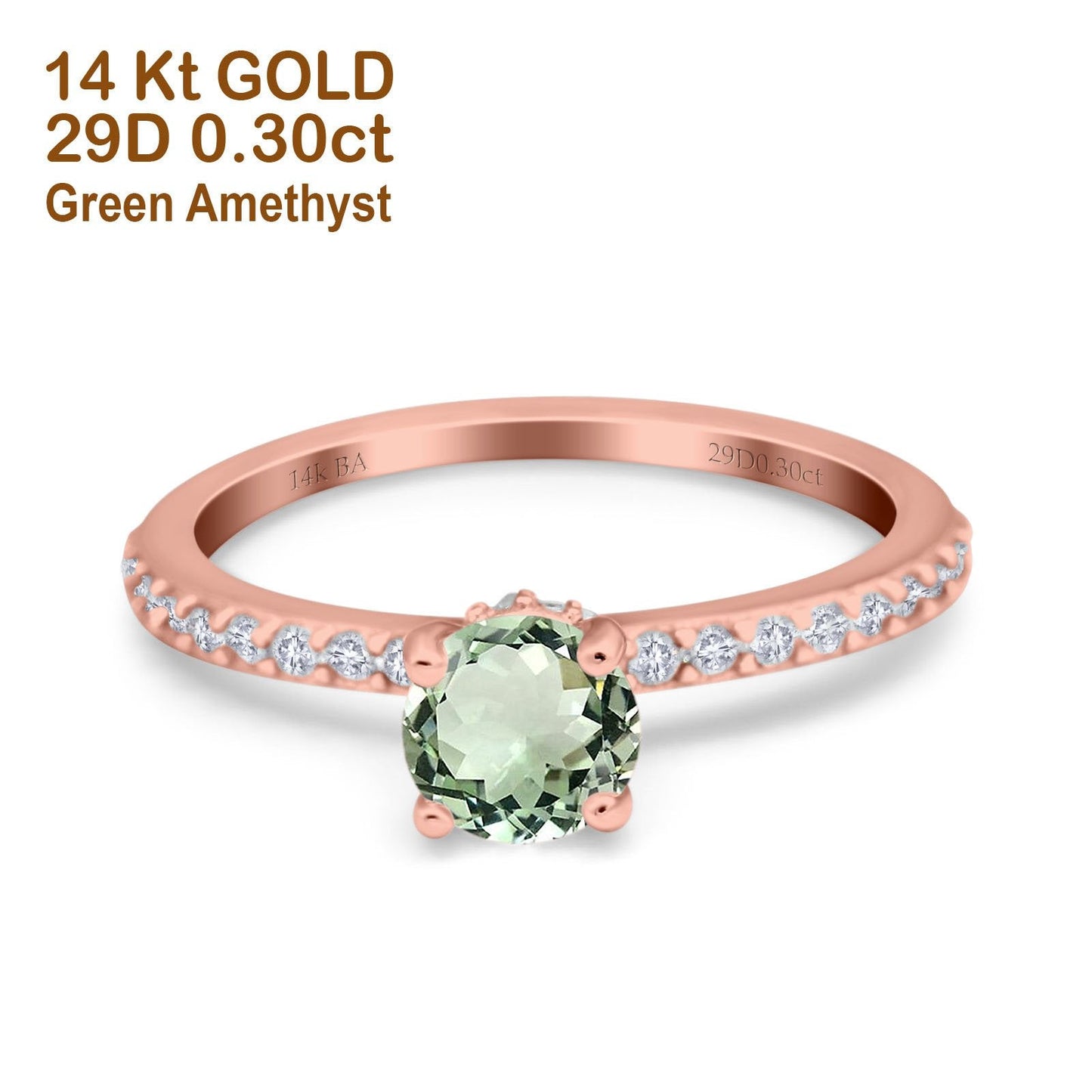 14K Rose Gold 1.14ct Round Accent Vintage 6mm G SI Natural Green Amethyst Diamond Engagement Wedding Ring Size 6.5