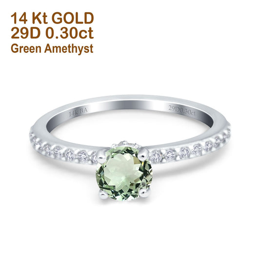 14K White Gold 1.14ct Round Accent Vintage 6mm G SI Natural Green Amethyst Diamond Engagement Wedding Ring Size 6.5