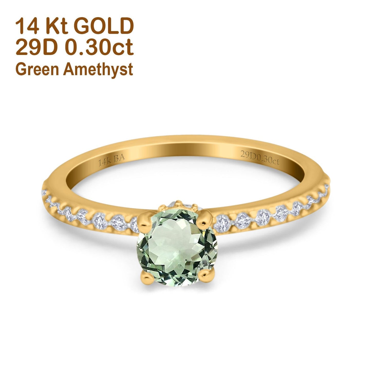 14K Yellow Gold 1.14ct Round Accent Vintage 6mm G SI Natural Green Amethyst Diamond Engagement Wedding Ring Size 6.5