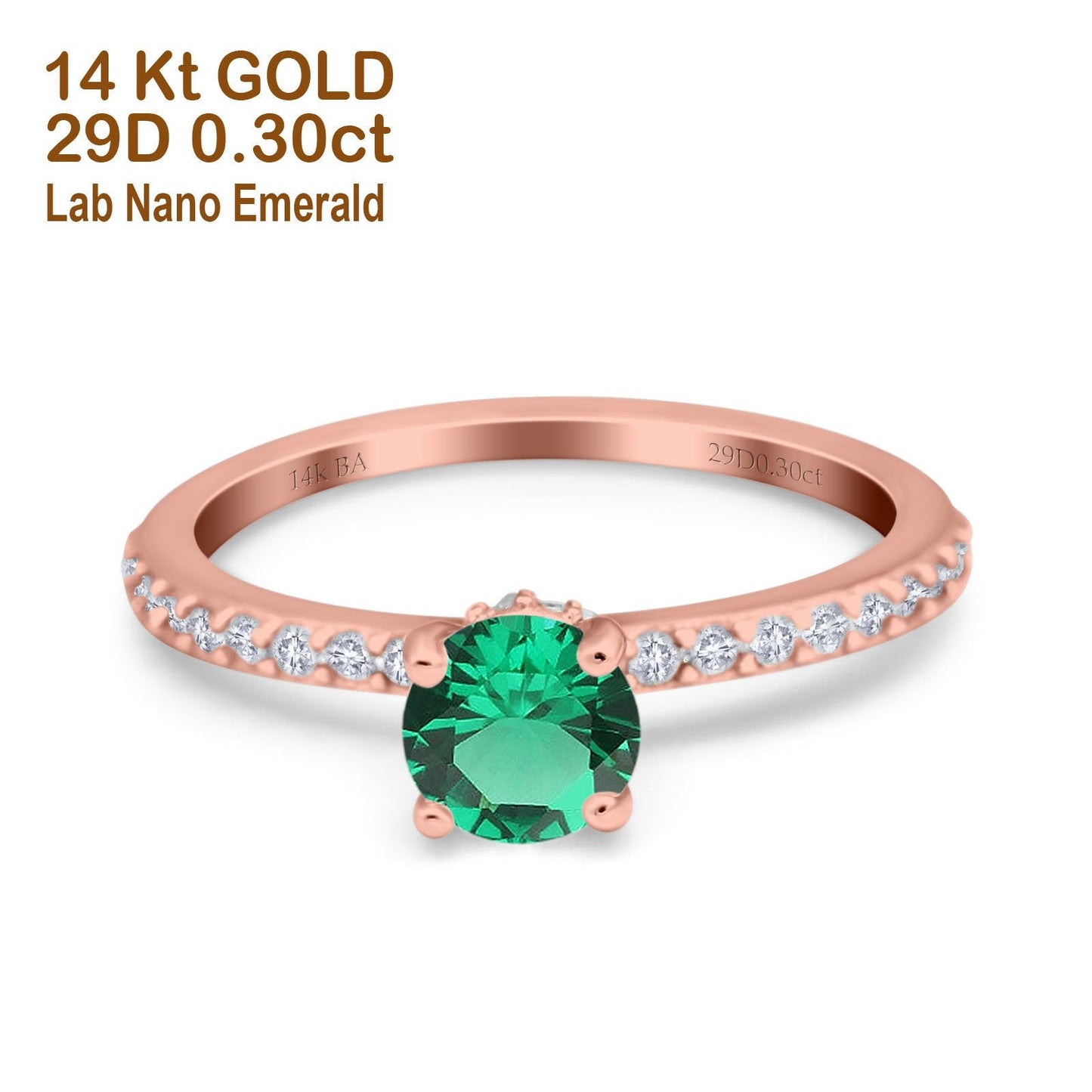 14K Rose Gold 1.14ct Round Accent Vintage 6mm G SI Nano Emerald Diamond Engagement Wedding Ring Size 6.5