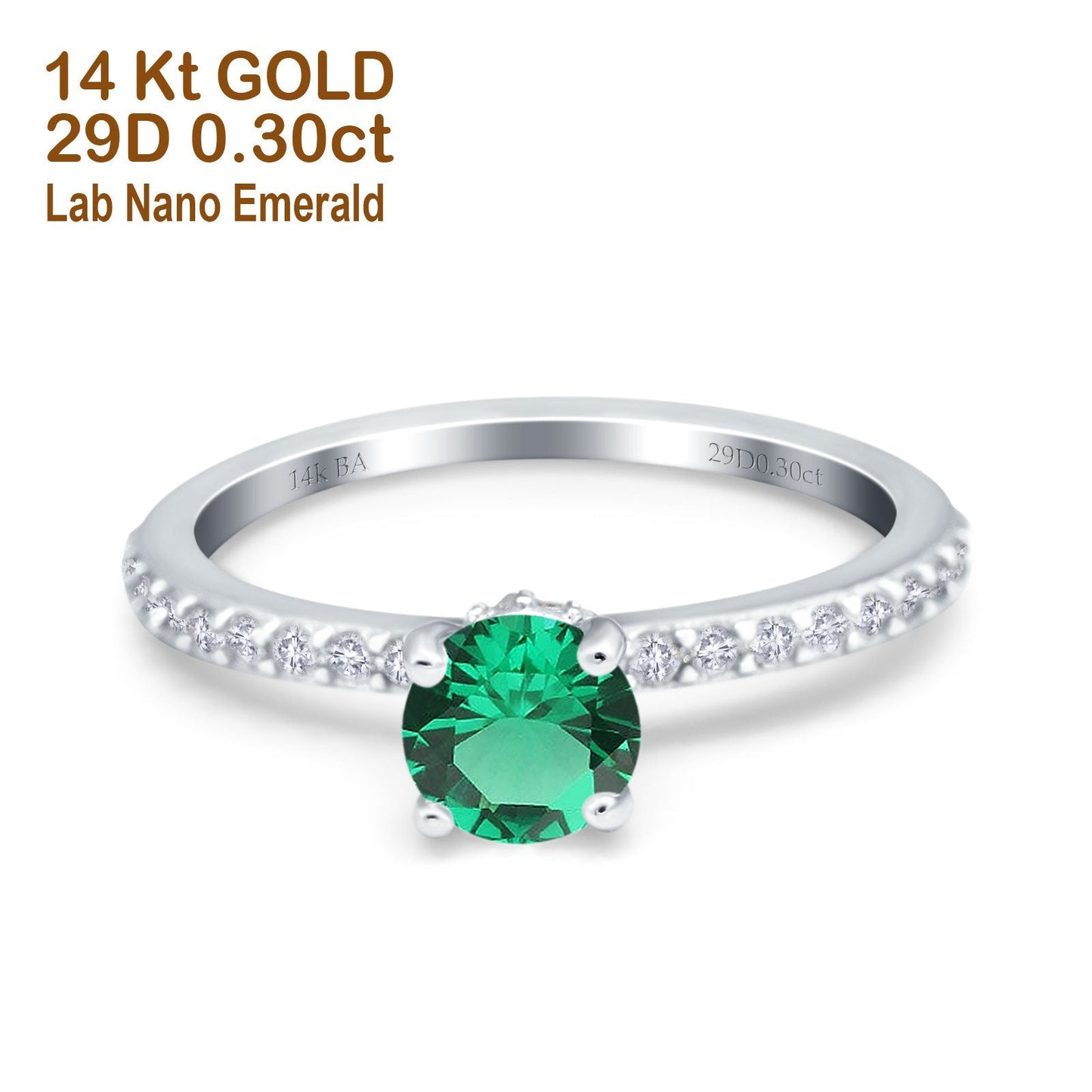 14K White Gold 1.14ct Round Accent Vintage 6mm G SI Nano Emerald Diamond Engagement Wedding Ring Size 6.5