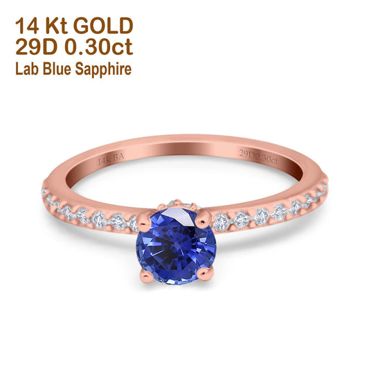 14K Rose Gold 1.14ct Round Accent Vintage 6mm G SI Nano Blue Sapphire Diamond Engagement Wedding Ring Size 6.5