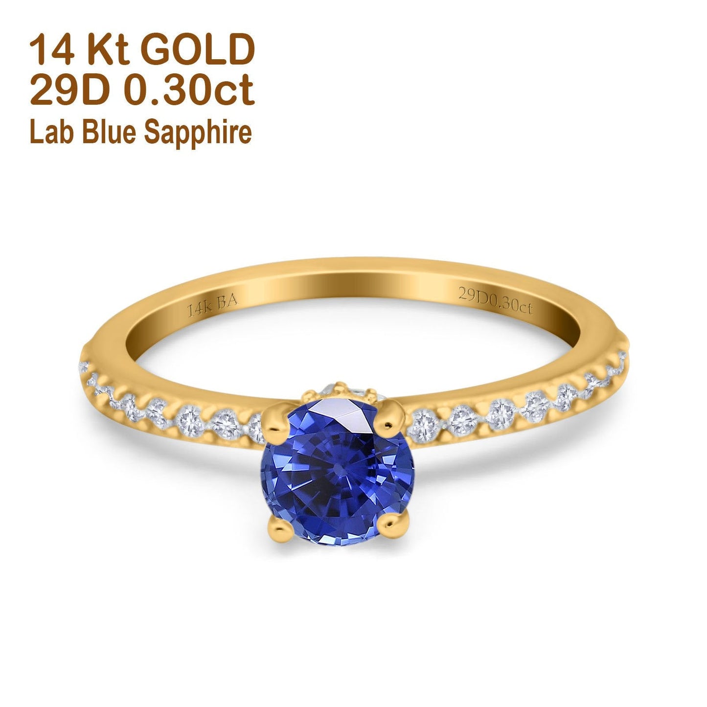 14K Yellow Gold 1.14ct Round Accent Vintage 6mm G SI Nano Blue Sapphire Diamond Engagement Wedding Ring Size 6.5