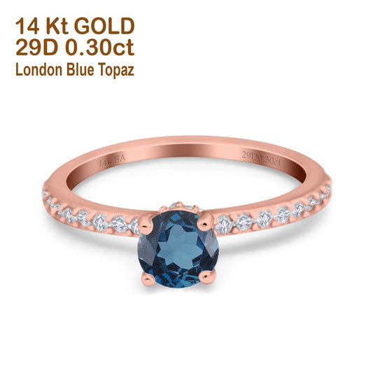 14K Rose Gold 1.14ct Round Accent Vintage 6mm G SI London Blue Topaz Diamond Engagement Wedding Ring Size 6.5