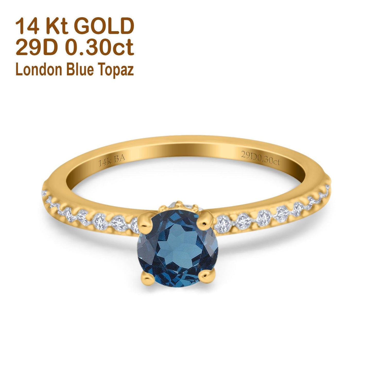 14K Yellow Gold 1.14ct Round Accent Vintage 6mm G SI London Blue Topaz Diamond Engagement Wedding Ring Size 6.5