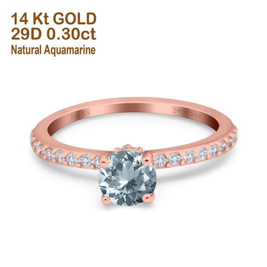 14K Rose Gold 1.14ct Round Accent Vintage 6mm G SI Natural Aquamarine Diamond Engagement Wedding Ring Size 6.5