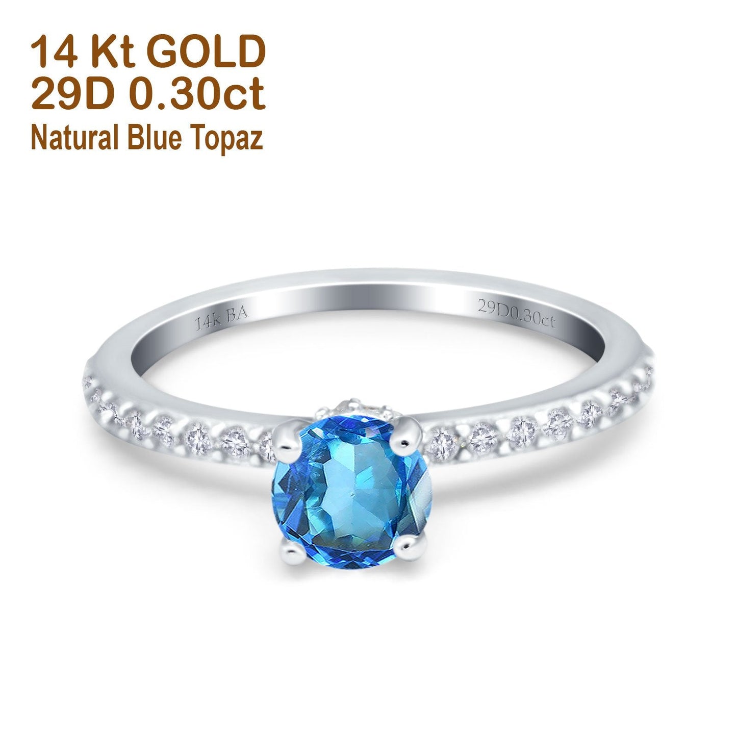 14K White Gold 1.14ct Round Accent Vintage 6mm G SI Natural Blue Topaz Diamond Engagement Wedding Ring Size 6.5