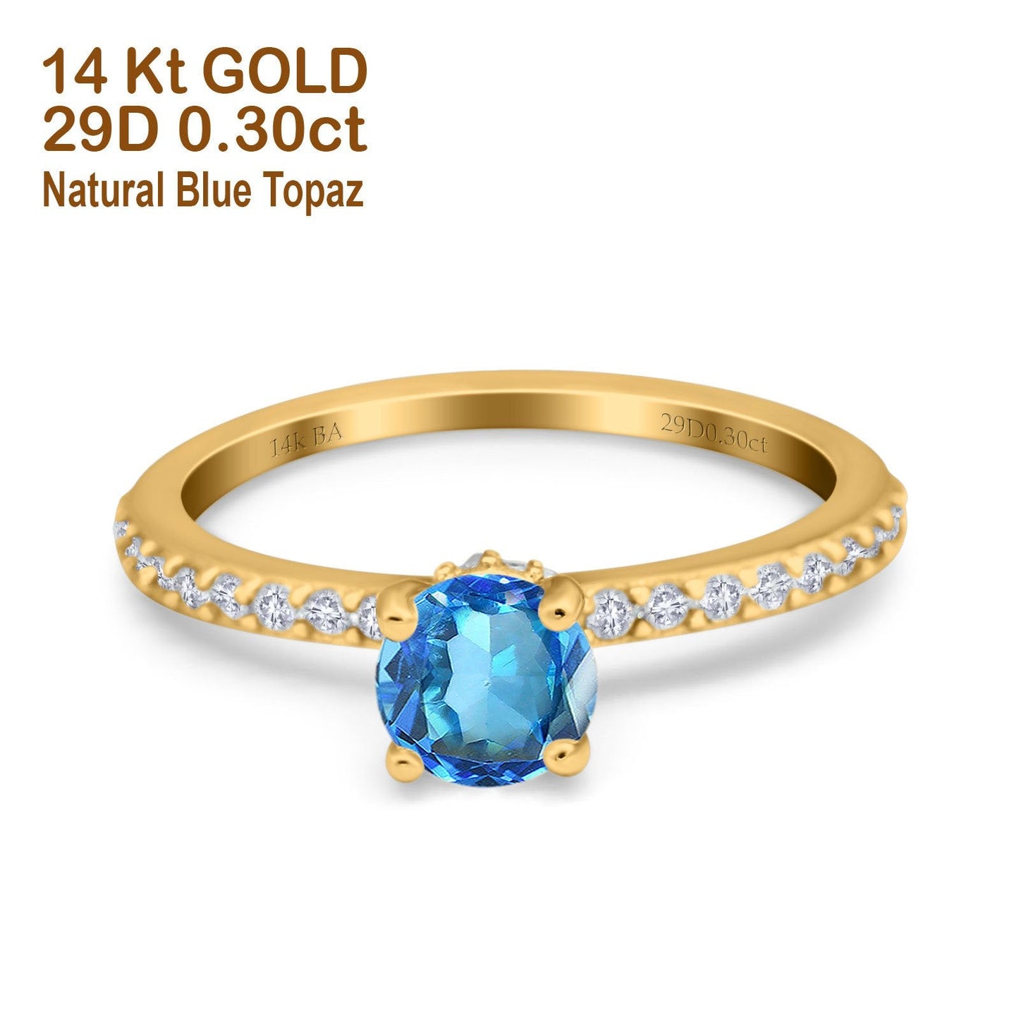 14K Yellow Gold 1.14ct Round Accent Vintage 6mm G SI Natural Blue Topaz Diamond Engagement Wedding Ring Size 6.5