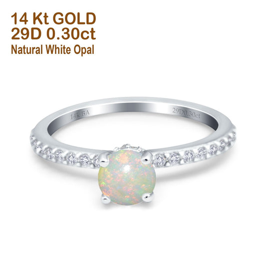 14K White Gold 0.30ct Round Accent Vintage 6mm G SI Natural White Opal Diamond Engagement Wedding Ring Size 6.5