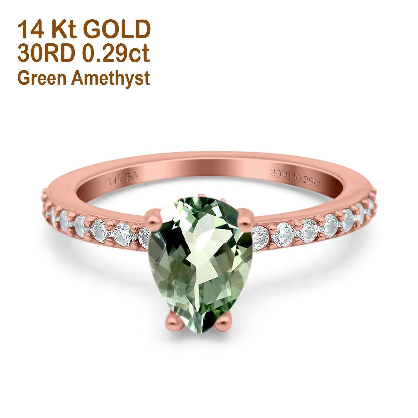 14K Rose Gold 1.54ct Teardrop Pear Accent 8mmx6mm G SI Natural Green Amethyst Diamond Engagement Wedding Ring Size 6.5