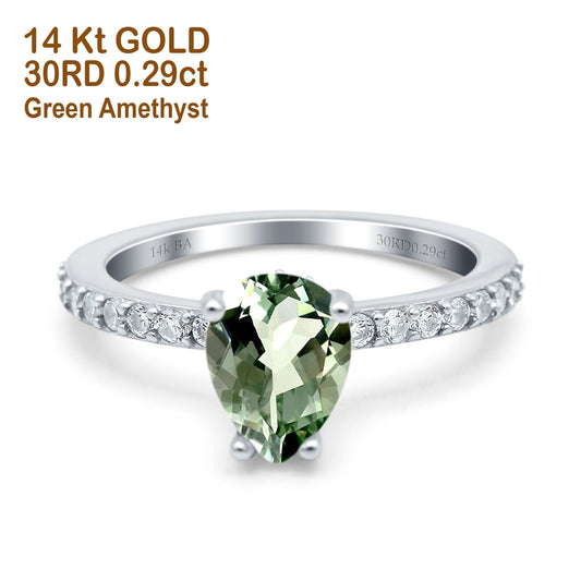 14K White Gold 1.54ct Teardrop Pear Accent 8mmx6mm G SI Natural Green Amethyst Diamond Engagement Wedding Ring Size 6.5