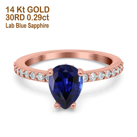 14K Rose Gold 1.54ct Teardrop Pear Accent 8mmx6mm G SI Nano Blue Sapphire Diamond Engagement Wedding Ring Size 6.5