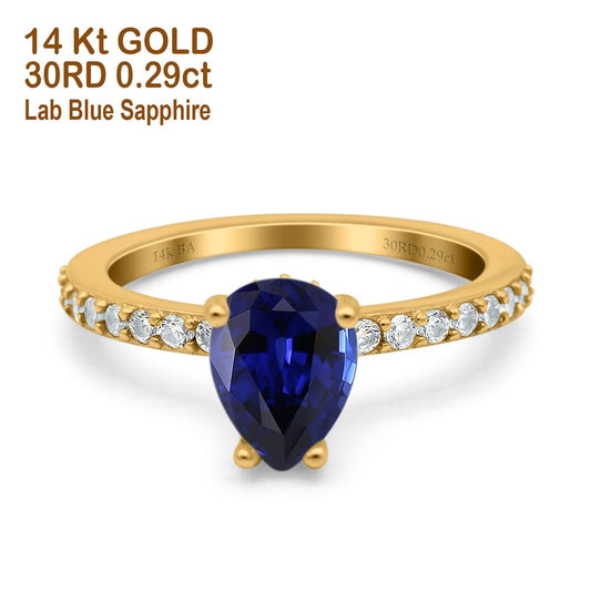 14K Yellow Gold 1.54ct Teardrop Pear Accent 8mmx6mm G SI Nano Blue Sapphire Diamond Engagement Wedding Ring Size 6.5