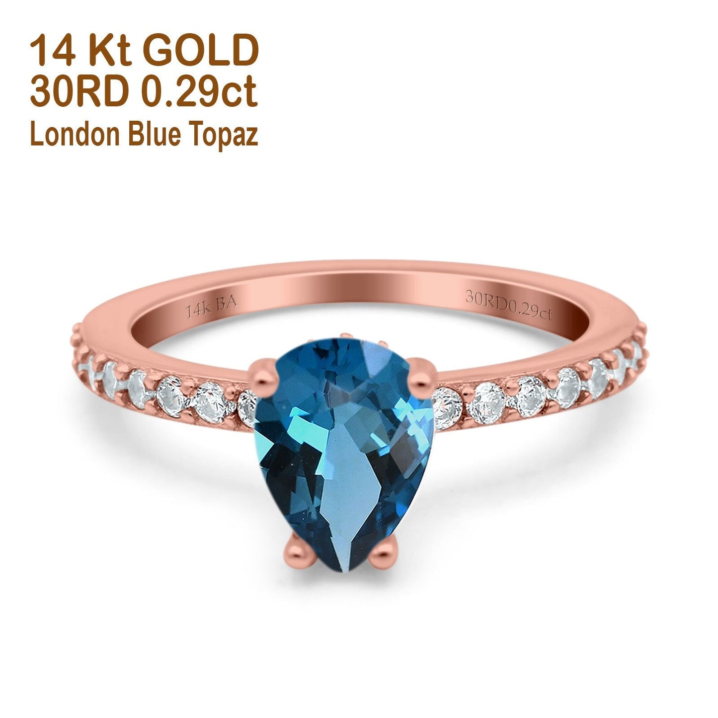 Bague de fiançailles en or rose 14 carats avec accent en forme de poire en forme de larme de 1,54 ct, 8 mm x 6 mm, topaze bleue de Londres, taille 6,5