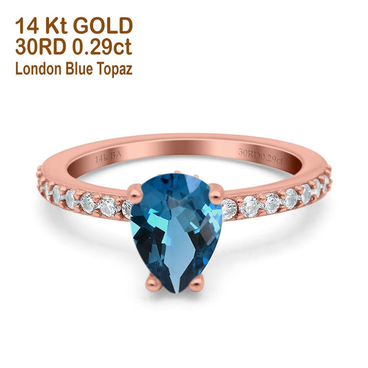 14K Rose Gold 1.54ct Teardrop Pear Accent 8mmx6mm G SI London Blue Topaz Diamond Engagement Wedding Ring Size 6.5