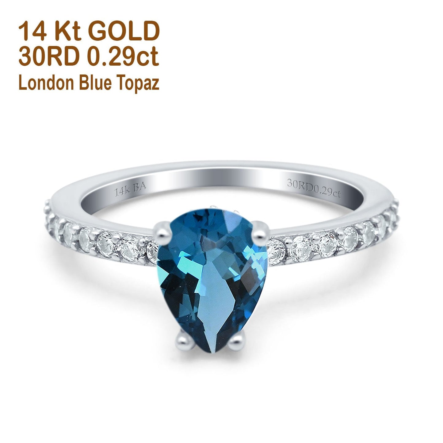 Bague de fiançailles en or blanc 14 carats avec accent en forme de poire en forme de larme de 1,54 ct, 8 mm x 6 mm, topaze bleue de Londres, taille 6,5