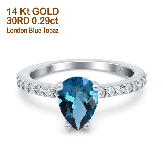 14K White Gold 1.54ct Teardrop Pear Accent 8mmx6mm G SI London Blue Topaz Diamond Engagement Wedding Ring Size 6.5