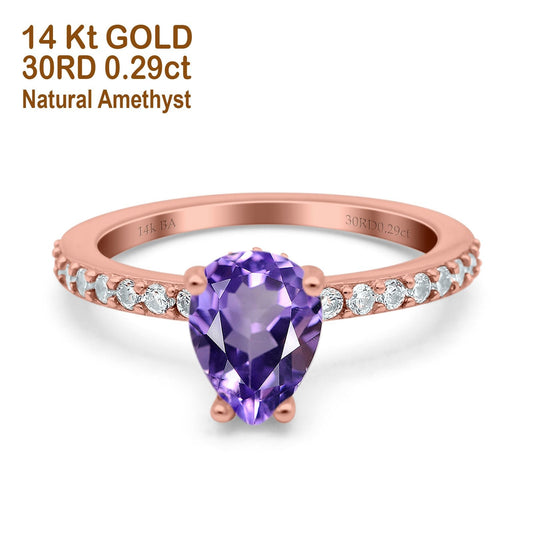 14K Rose Gold 1.54ct Teardrop Pear Accent 8mmx6mm G SI Natural Amethyst Diamond Engagement Wedding Ring Size 6.5