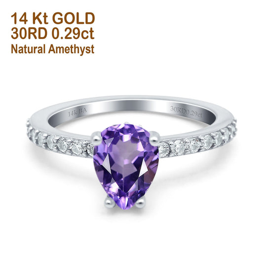 14K White Gold 1.54ct Teardrop Pear Accent 8mmx6mm G SI Natural Amethyst Diamond Engagement Wedding Ring Size 6.5