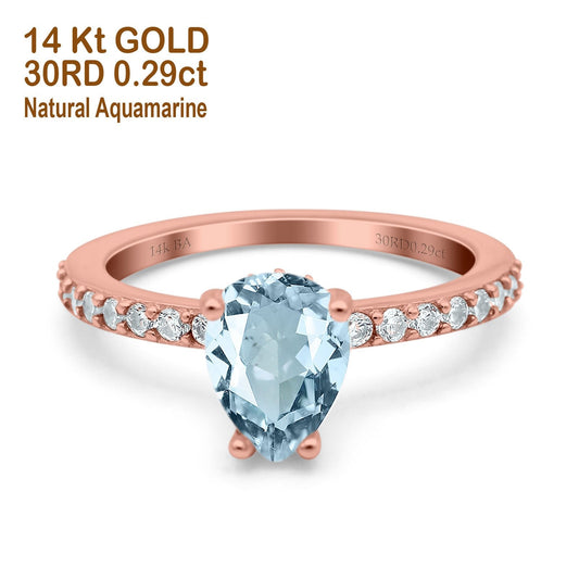 14K Rose Gold 1.54ct Teardrop Pear Accent 8mmx6mm G SI Natural Aquamarine Diamond Engagement Wedding Ring Size 6.5