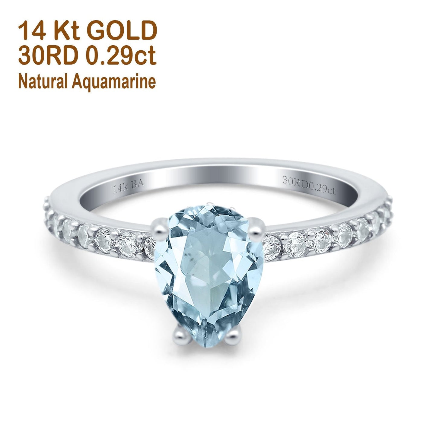 14K White Gold 1.54ct Teardrop Pear Accent 8mmx6mm G SI Natural Aquamarine Diamond Engagement Wedding Ring Size 6.5