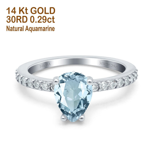 14K White Gold 1.54ct Teardrop Pear Accent 8mmx6mm G SI Natural Aquamarine Diamond Engagement Wedding Ring Size 6.5