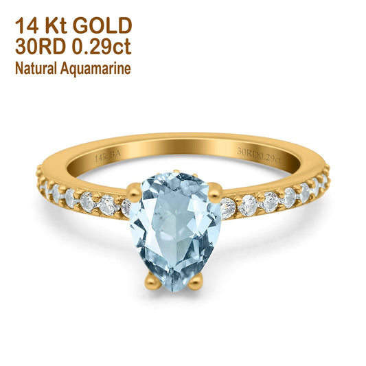 14K Yellow Gold 1.54ct Teardrop Pear Accent 8mmx6mm G SI Natural Aquamarine Diamond Engagement Wedding Ring Size 6.5