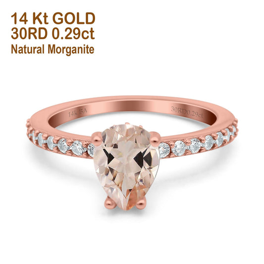 14K Rose Gold 1.54ct Teardrop Pear Accent 8mmx6mm G SI Natural Morganite Diamond Engagement Wedding Ring Size 6.5