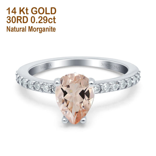 14K White Gold 1.54ct Teardrop Pear Accent 8mmx6mm G SI Natural Morganite Diamond Engagement Wedding Ring Size 6.5