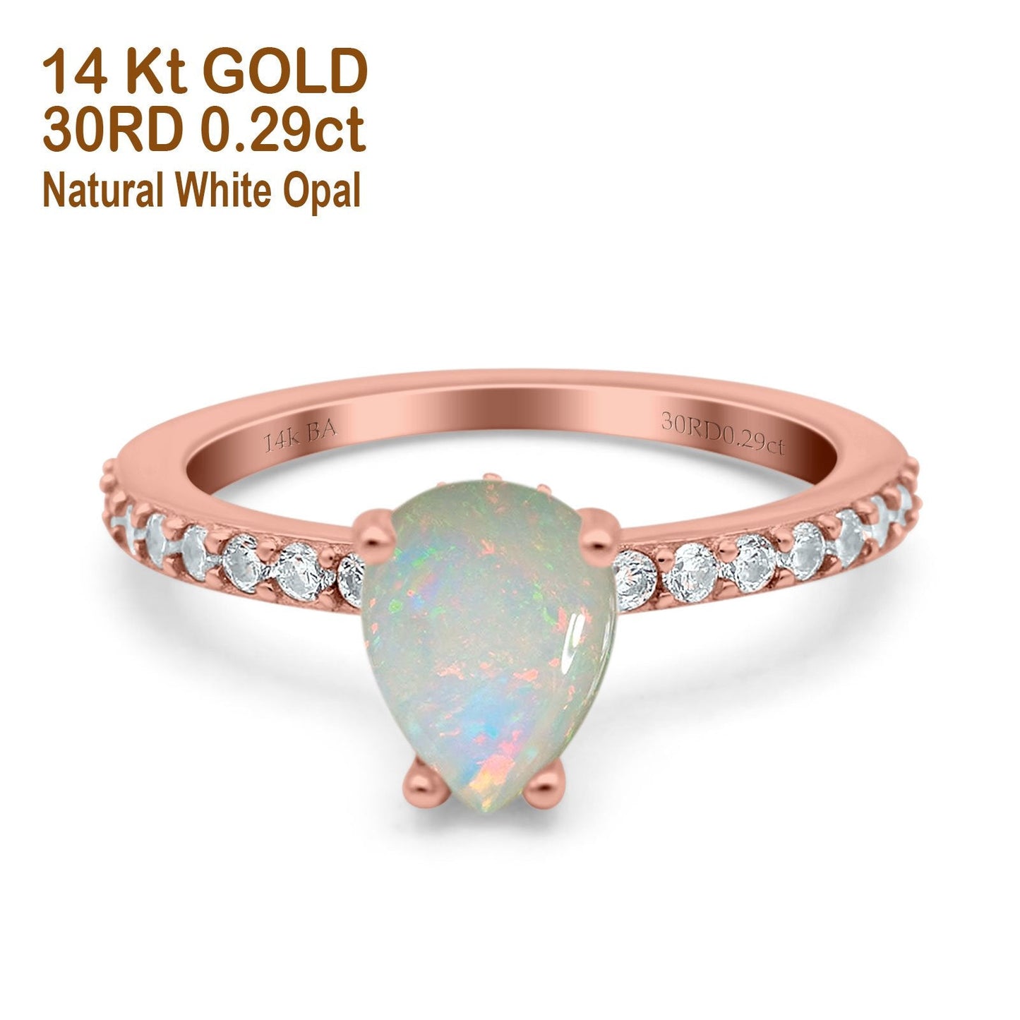 14K Rose Gold 0.29ct Teardrop Pear Accent 8mmx6mm G SI Natural White Opal Diamond Engagement Wedding Ring Size 6.5