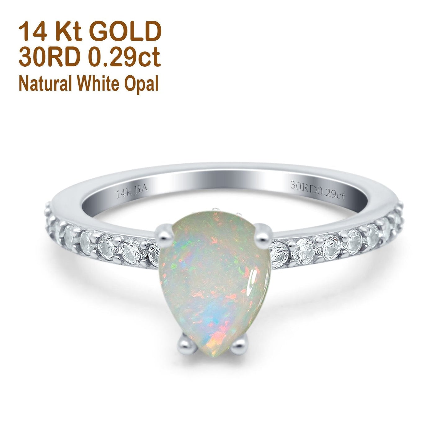 14K White Gold 0.29ct Teardrop Pear Accent 8mmx6mm G SI Natural White Opal Diamond Engagement Wedding Ring Size 6.5