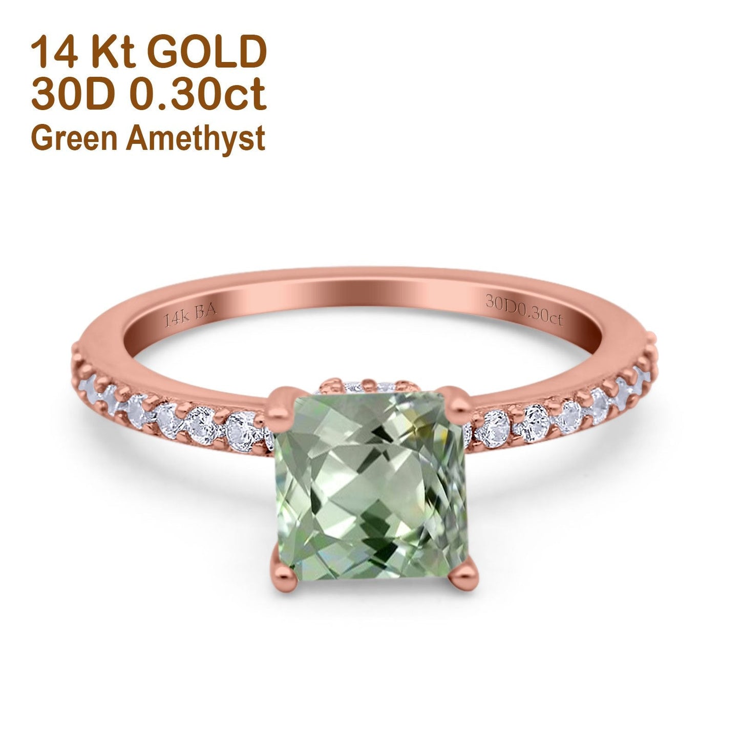 14K Rose Gold 1.55ct Cushion Cut Vintage 7mm G SI Natural Green Amethyst Diamond Engagement Wedding Ring Size 6.5