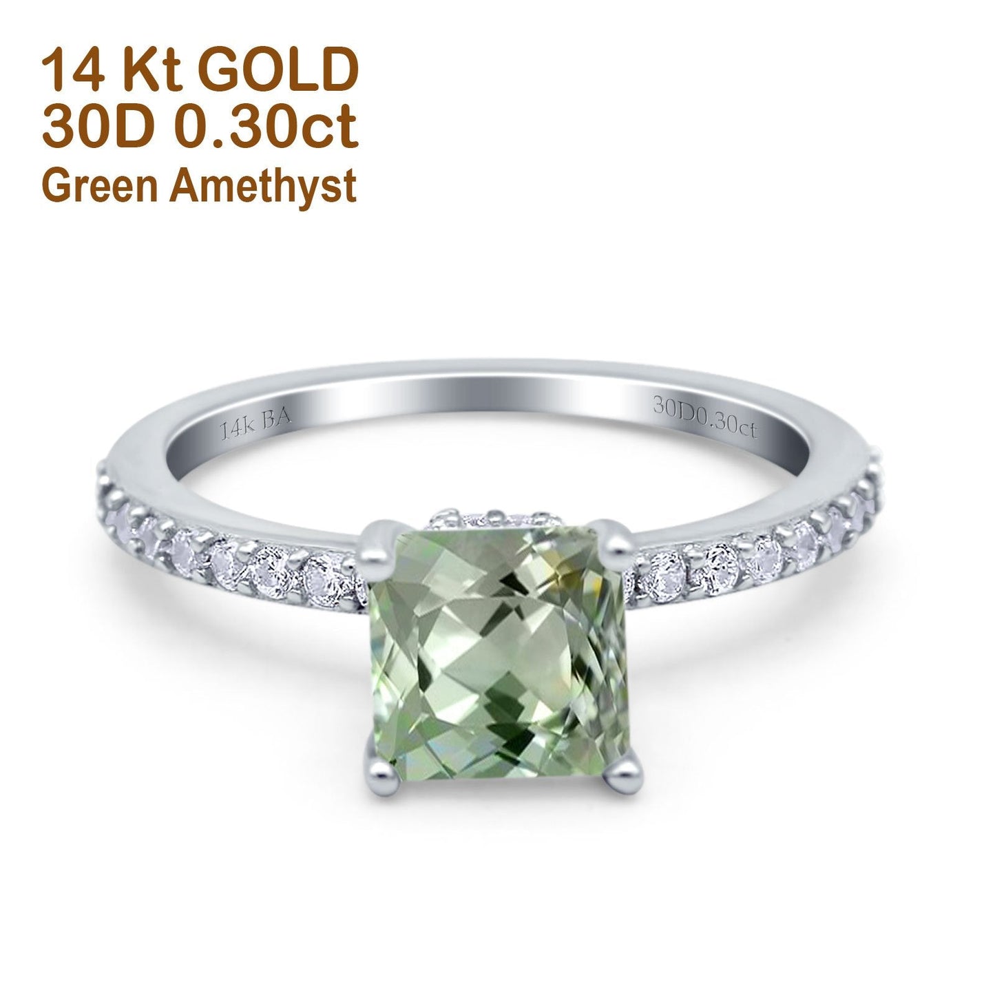 14K White Gold 1.55ct Cushion Cut Vintage 7mm G SI Natural Green Amethyst Diamond Engagement Wedding Ring Size 6.5