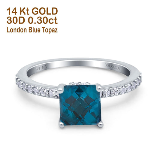 14K White Gold 1.55ct Cushion Cut Vintage 7mm G SI London Blue Topaz Diamond Engagement Wedding Ring Size 6.5