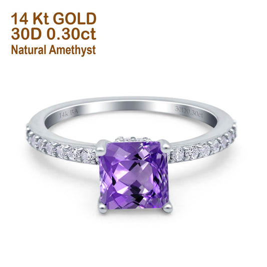 14K White Gold 1.55ct Cushion Cut Vintage 7mm G SI Natural Amethyst Diamond Engagement Wedding Ring Size 6.5