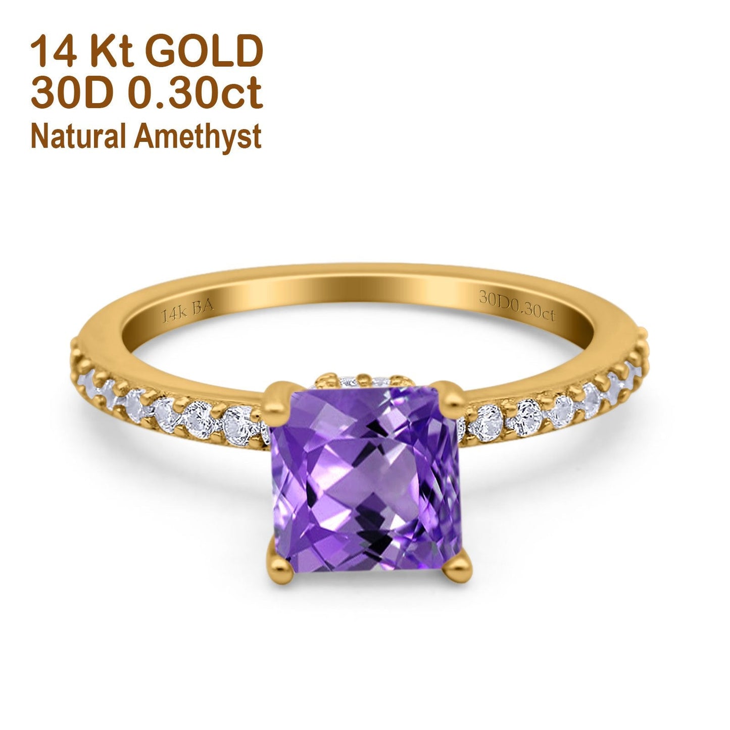 14K Yellow Gold 1.55ct Cushion Cut Vintage 7mm G SI Natural Amethyst Diamond Engagement Wedding Ring Size 6.5