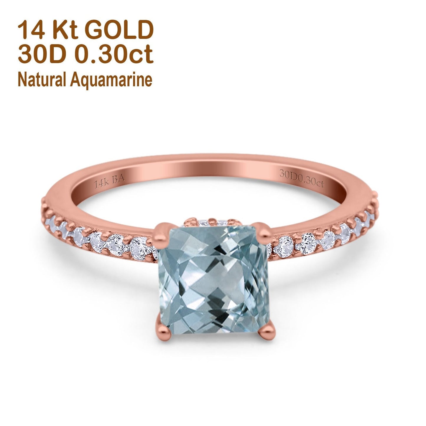 14K Rose Gold 1.55ct Cushion Cut Vintage 7mm G SI Natural Aquamarine Diamond Engagement Wedding Ring Size 6.5