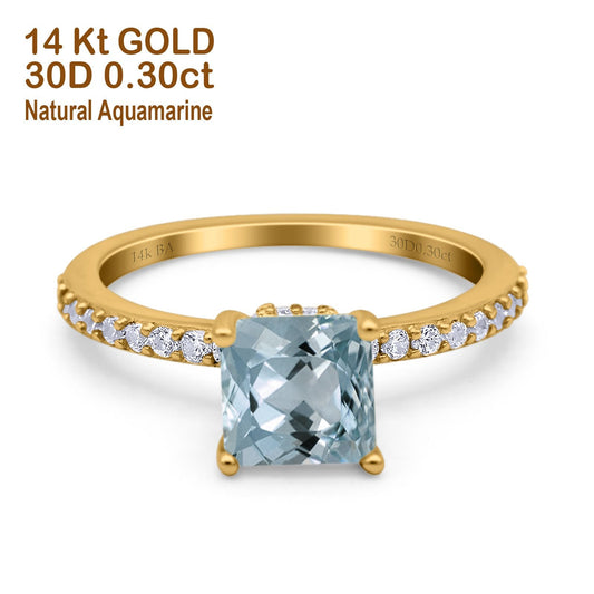 14K Yellow Gold 1.55ct Cushion Cut Vintage 7mm G SI Natural Aquamarine Diamond Engagement Wedding Ring Size 6.5