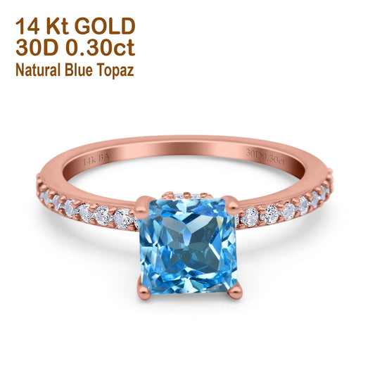 14K Rose Gold 1.55ct Cushion Cut Vintage 7mm G SI Natural Blue Topaz Diamond Engagement Wedding Ring Size 6.5