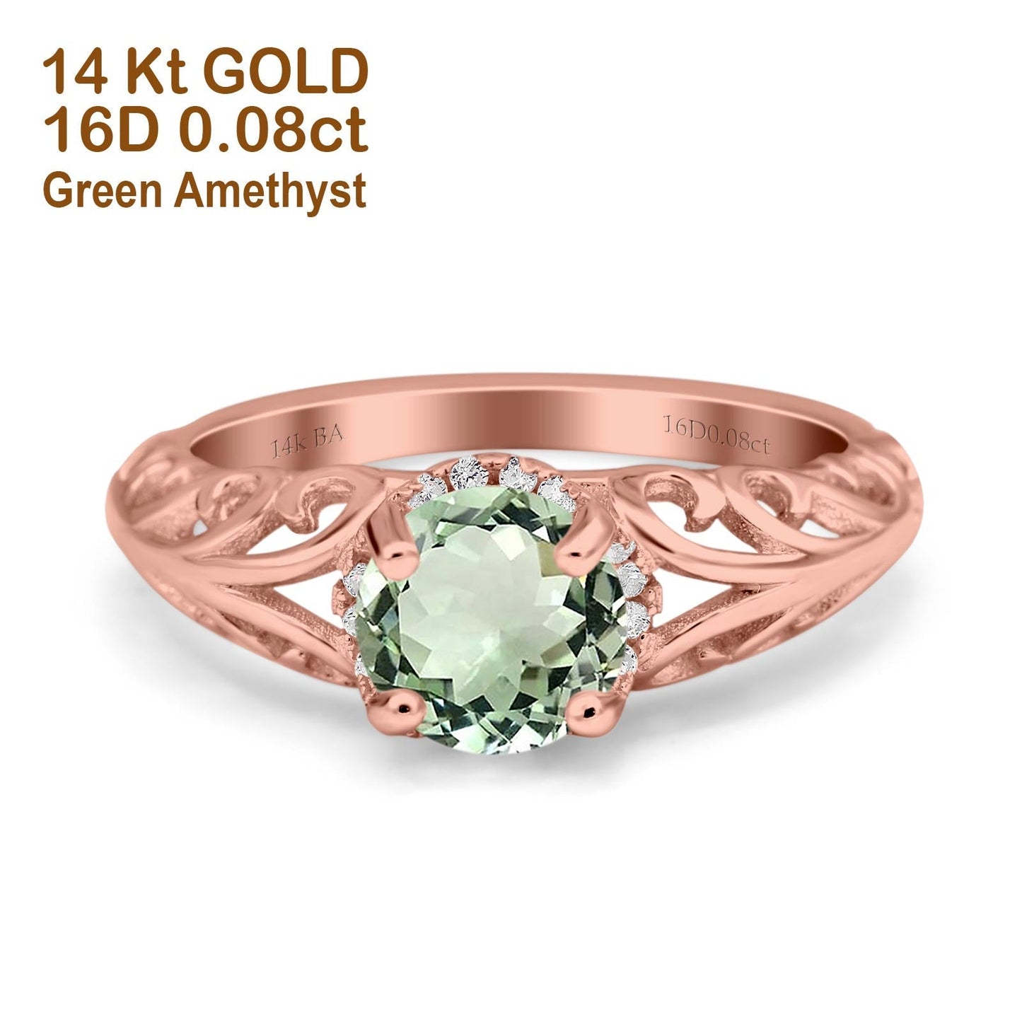 14K Rose Gold 1.11ct Round Art Deco Filigree 6.5mm G SI Natural Green Amethyst Diamond Engagement Wedding Ring Size 6.5