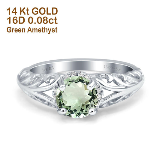 14K White Gold 1.11ct Round Art Deco Filigree 6.5mm G SI Natural Green Amethyst Diamond Engagement Wedding Ring Size 6.5