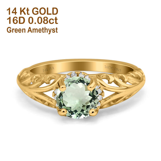 14K Yellow Gold 1.11ct Round Art Deco Filigree 6.5mm G SI Natural Green Amethyst Diamond Engagement Wedding Ring Size 6.5