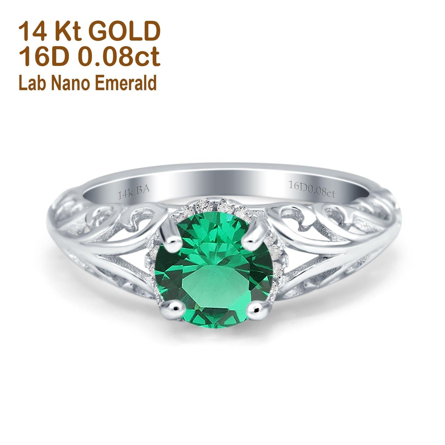 14K White Gold 1.11ct Round Art Deco Filigree 6.5mm G SI Nano Emerald Diamond Engagement Wedding Ring Size 6.5