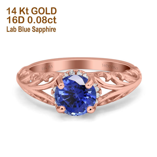 14K Rose Gold 1.11ct Round Art Deco Filigree 6.5mm G SI Nano Blue Sapphire Diamond Engagement Wedding Ring Size 6.5