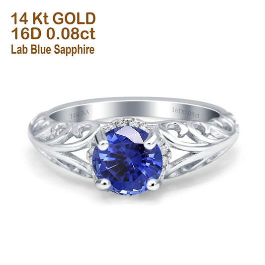 14K White Gold 1.11ct Round Art Deco Filigree 6.5mm G SI Nano Blue Sapphire Diamond Engagement Wedding Ring Size 6.5